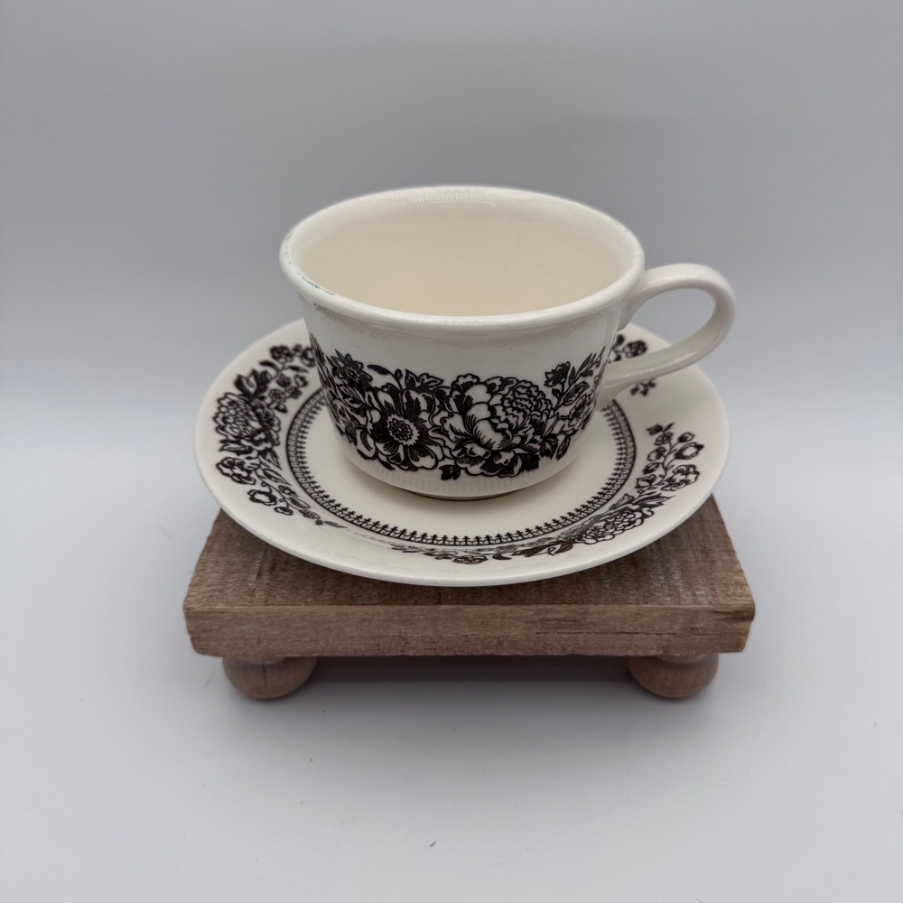 Vintage USA Pottery Brown Floral Transferware Tea Cup and Saucer Set Ironstone